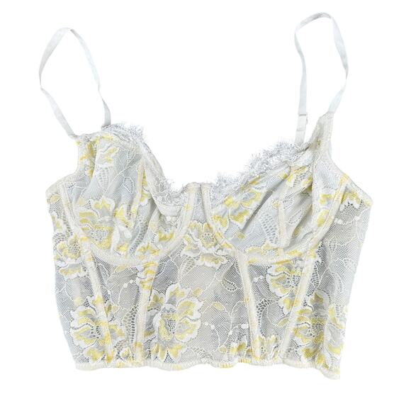 Y2K Retro Fairycore Corset Lace Sheer White Yellow Floral  Caged Boning XL - Picture 1 of 5